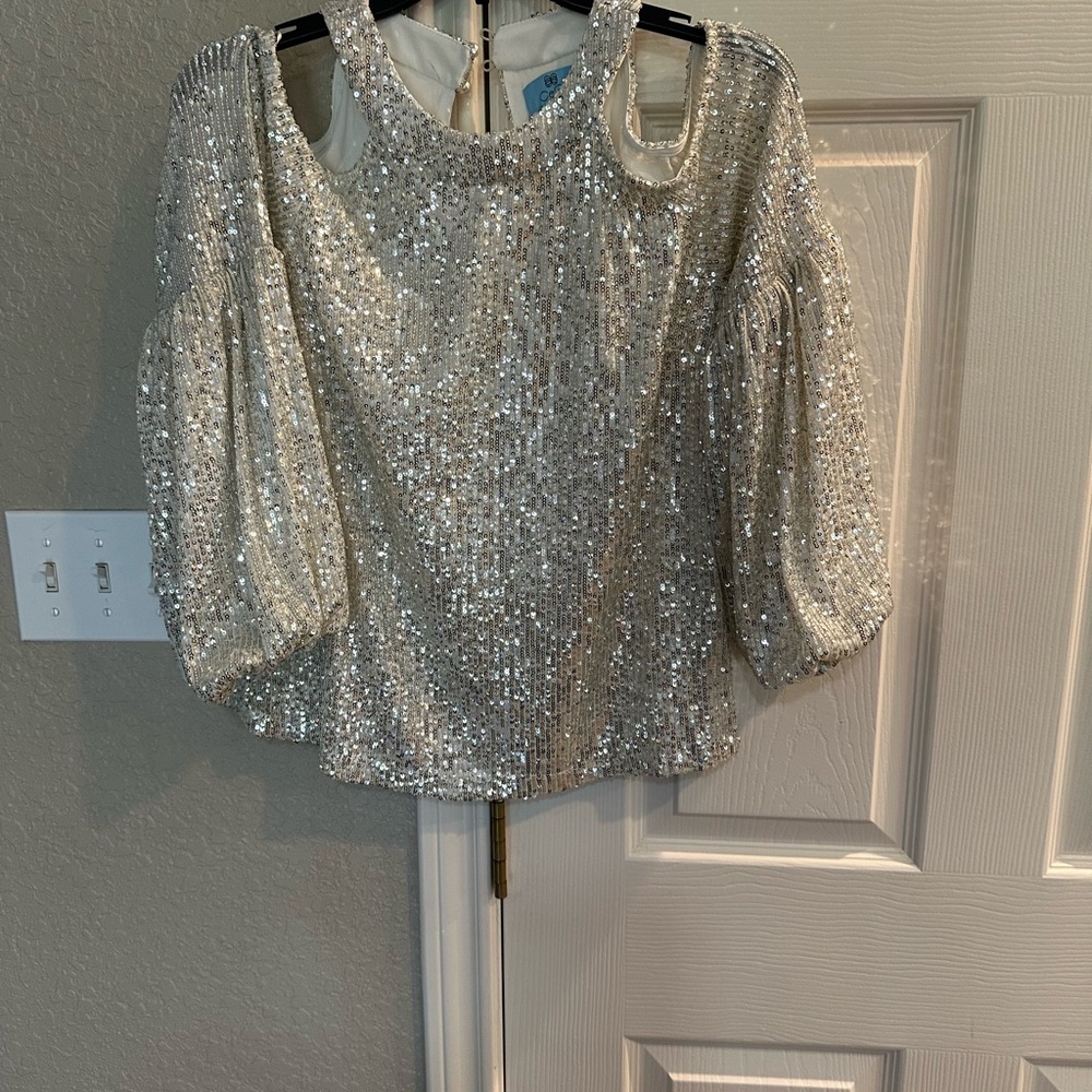 CeCe Silver Sequin Cold Shoulder Blouse